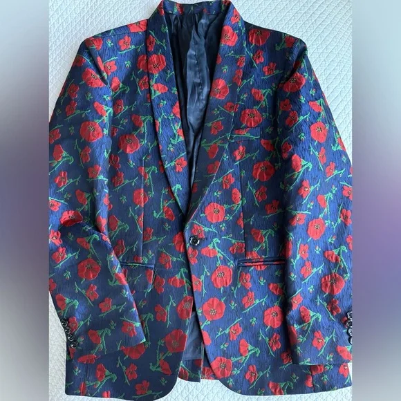 Navy Men's Print Blazer with Red Poppy Print 38R
